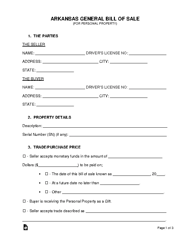 arkansas general personal property bill of sale PDFSimpli