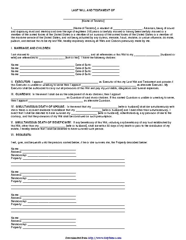 Arkansas Last Will And Testament Form - PDFSimpli