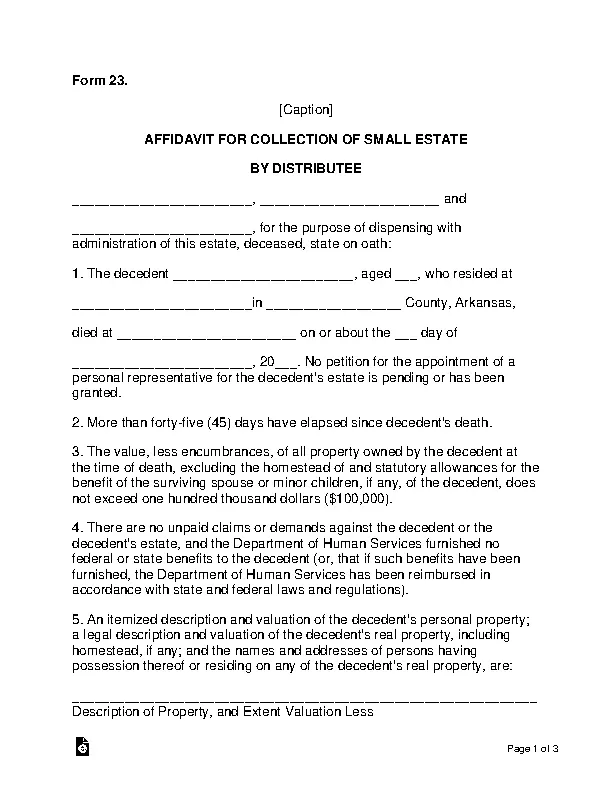 Arkansas Small Estate Affidavit Form