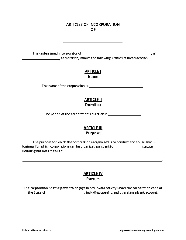 Articles Of Incorporation Template 1