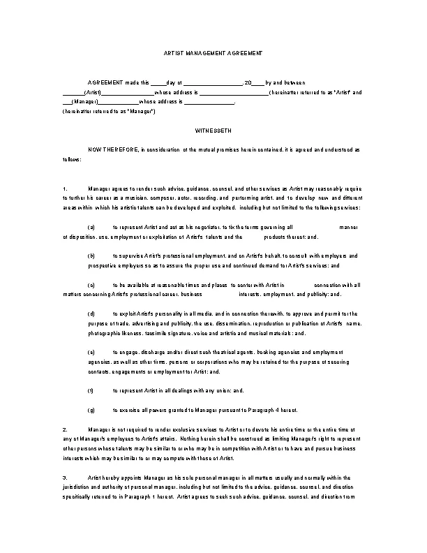 Artist Management Microsoft Contract Word Template