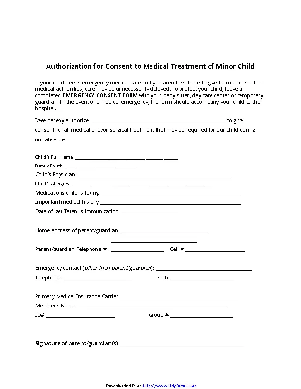 Authorization For Consent To Medical Treatment Of Minor Child