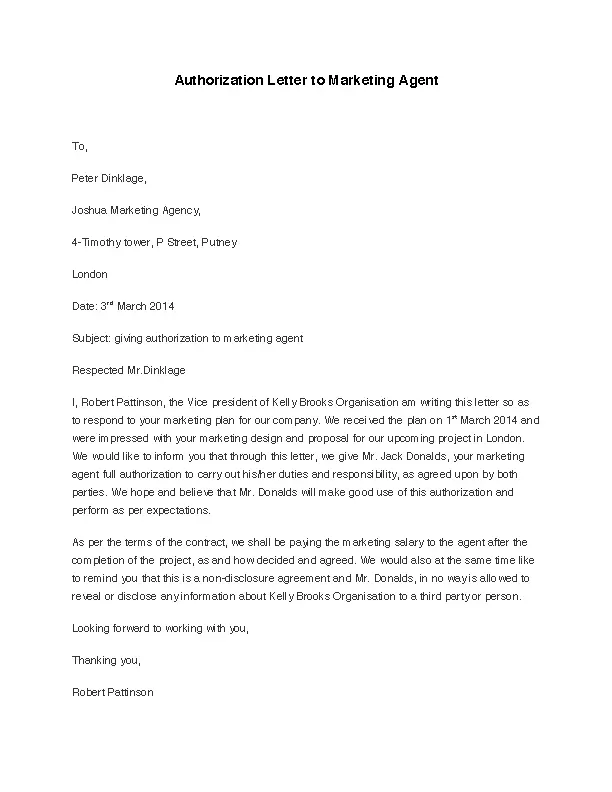 Authorization Letter To Marketing Agent