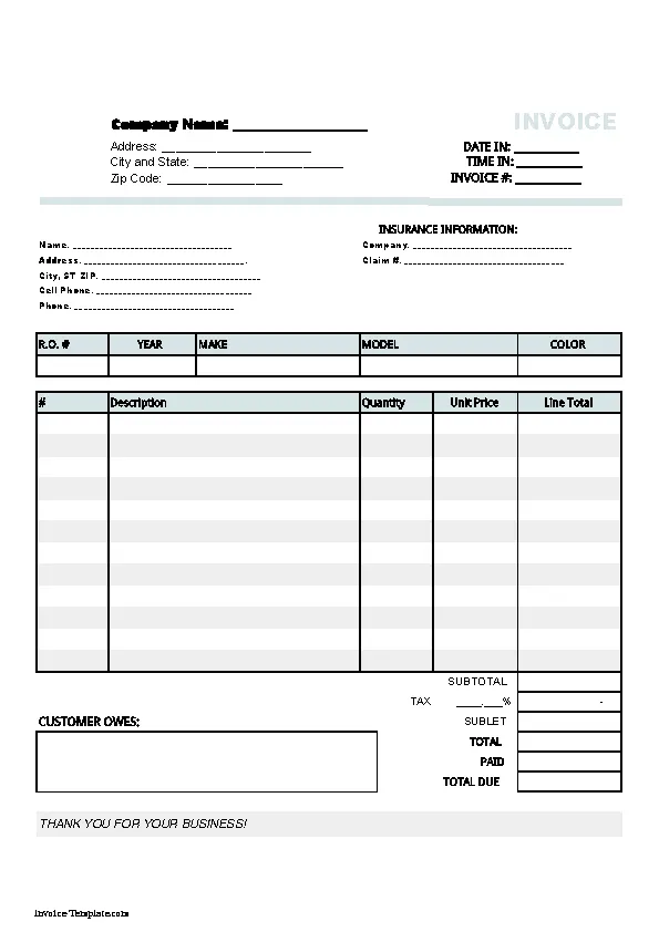 Auto Body Repair Invoice Template PDFSimpli