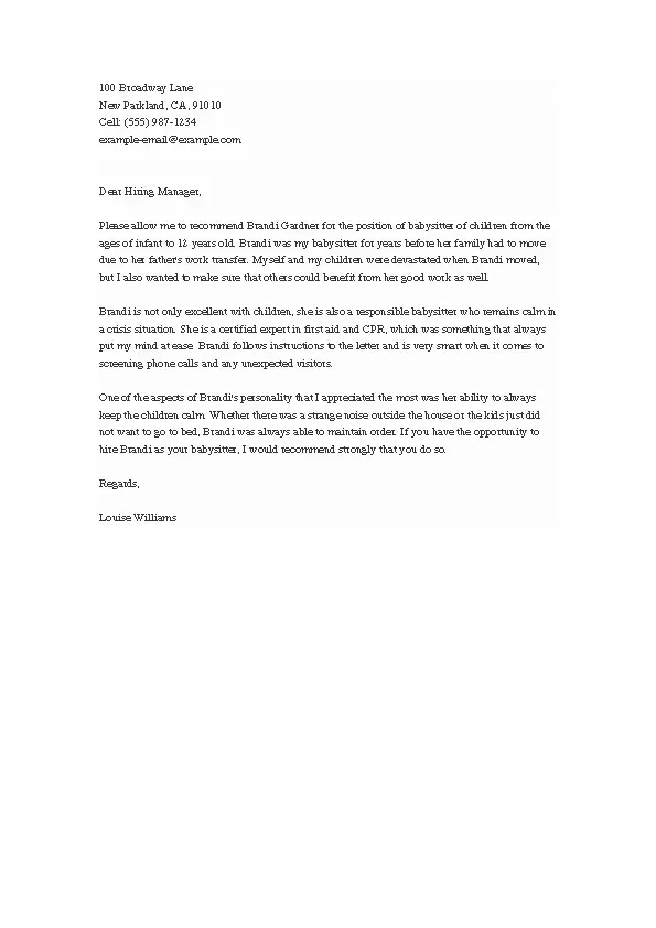 Babysitter Reference Letter For Job - PDFSimpli