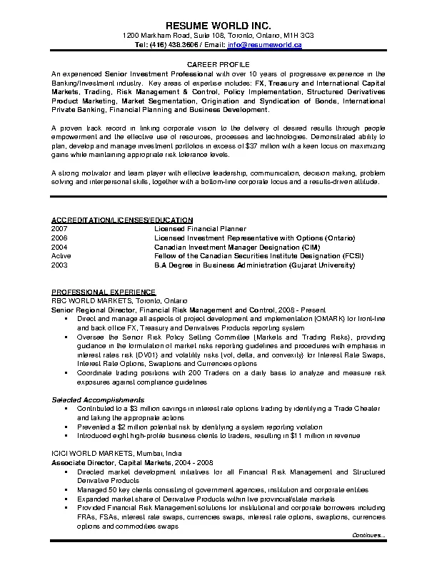 Banking Investment Resume Format Template