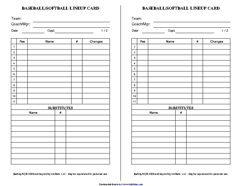 Baseball Lineup Sheets