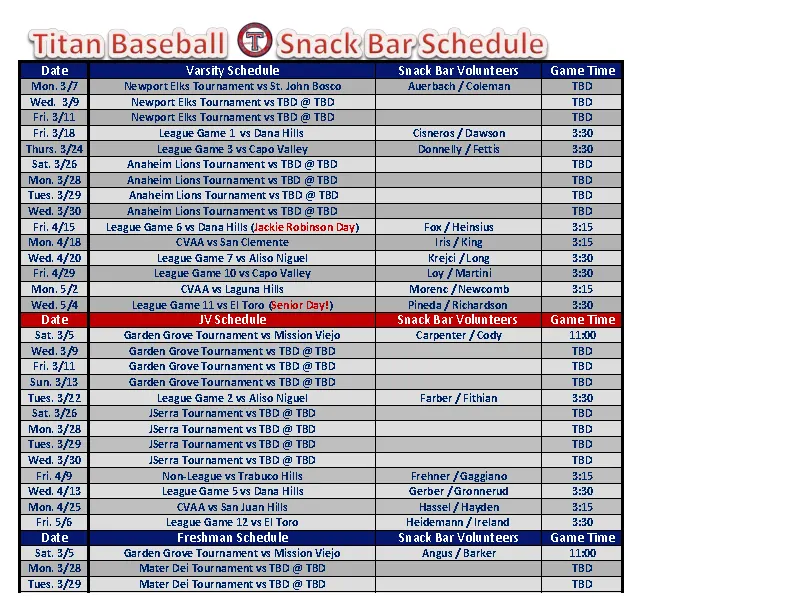 Baseball Snack Schedule Template