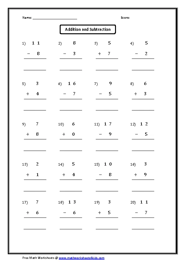 Basic Addition And Subtraction Worksheet Template