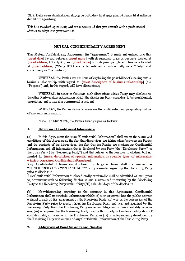 Basic Mutual Confidentiality Agreement - PDFSimpli