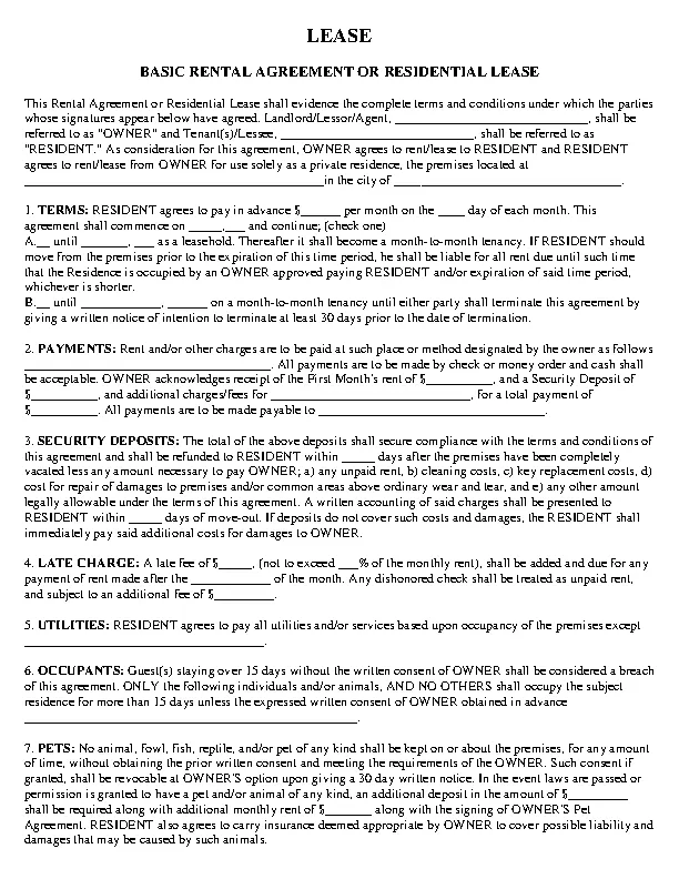 Basic Residential Rental Agreement