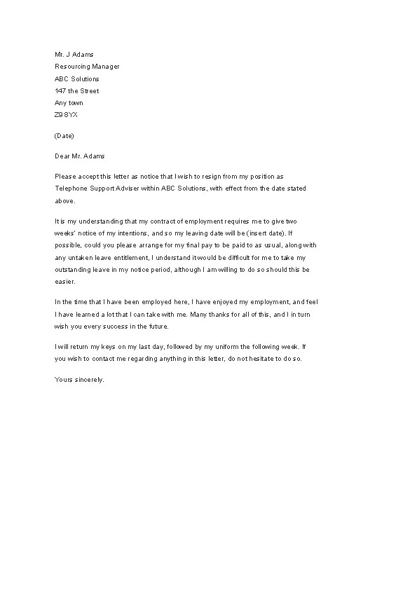 Best Two Weeks Notice Letter Template