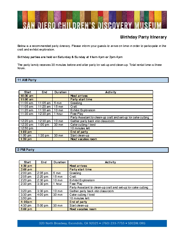 Birthday Party Itinerary Template 1