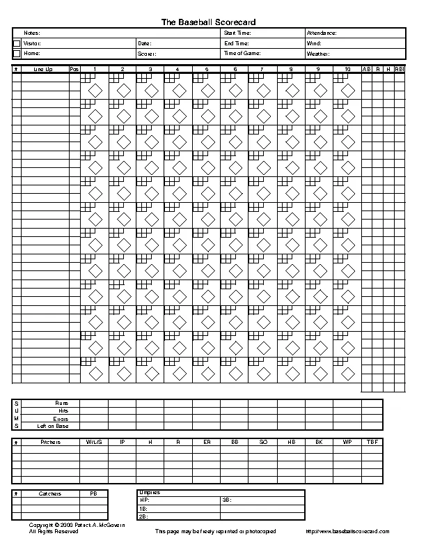 Blank Baseball Scorecard