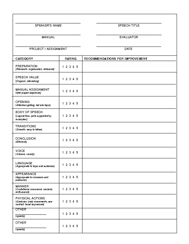 Blank Generic Evaluation Toastmaster Form Template Free Printable -  PDFSimpli