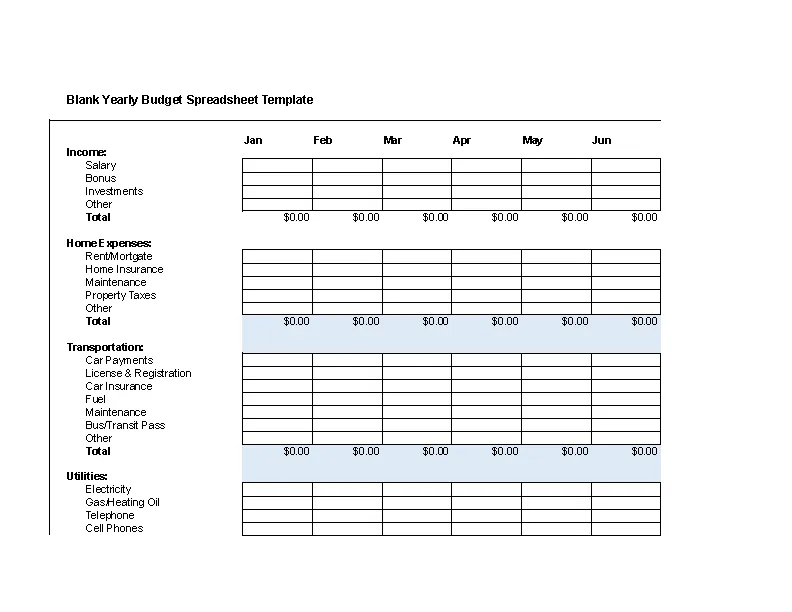 Blank Yearly Budget Spreadsheet Template