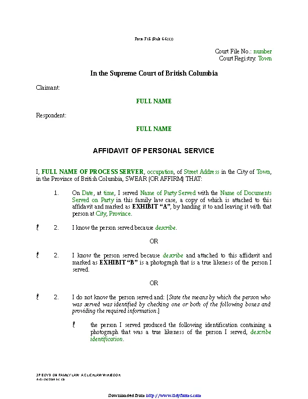 British Columbia Affidavit Of Personal Service Form