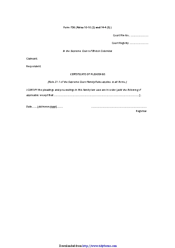 British Columbia Certificate Of Pleadings Form