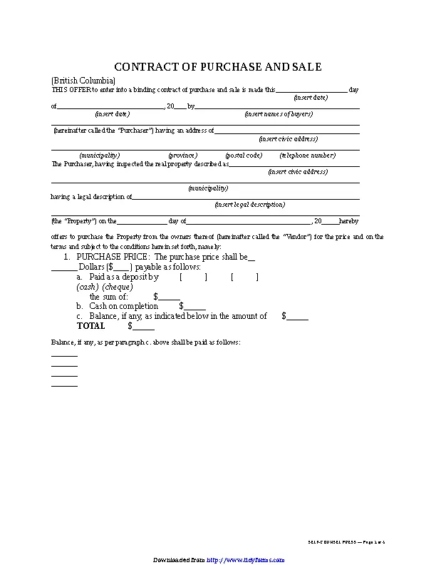British Columbia Contract Of Purchase And Sale Form 2