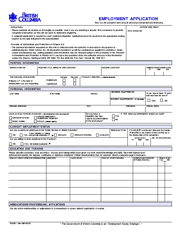 British Columbia Employment Application - Pdfsimpli