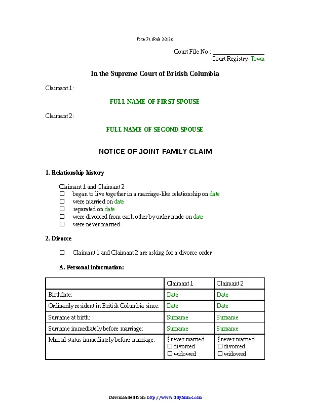 British Columbia Notice Of Joint Family Claim Form - PDFSimpli