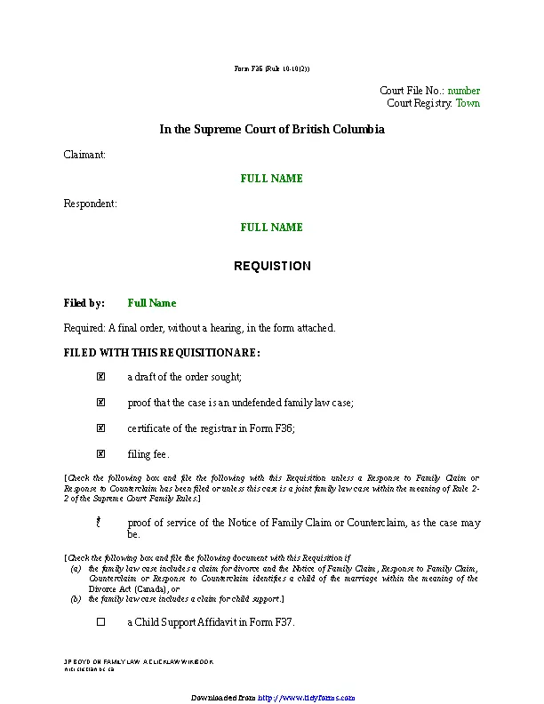British Columbia Requisition Sole Claim For Divorce Form