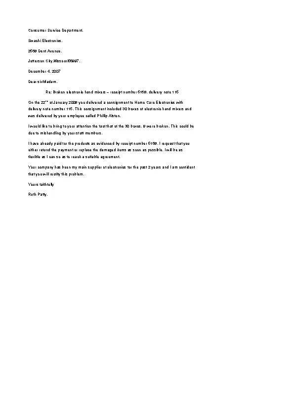 Business Complaint Letter Template To Electronics