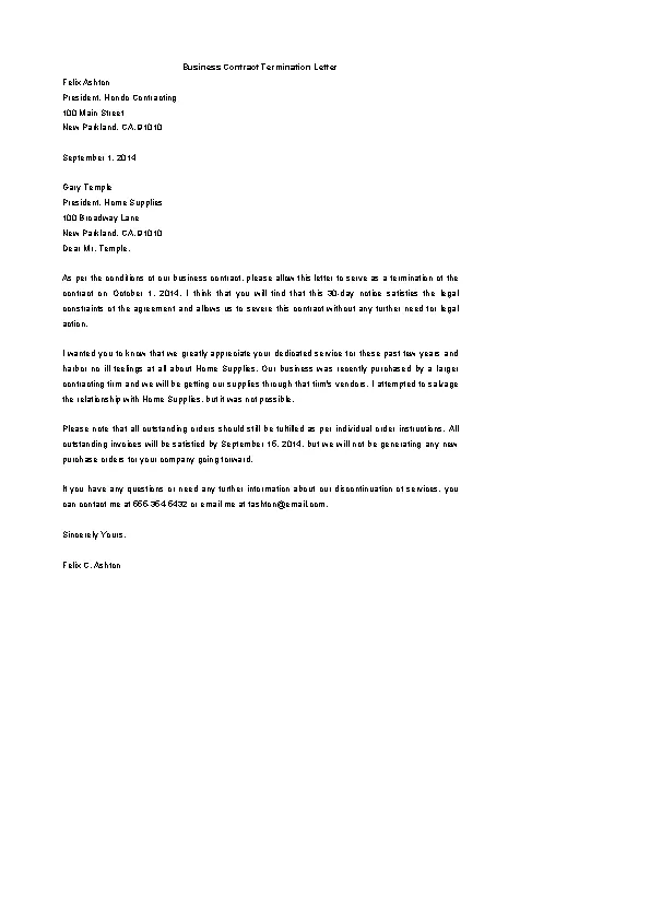 Business Contract Termination Letter Template