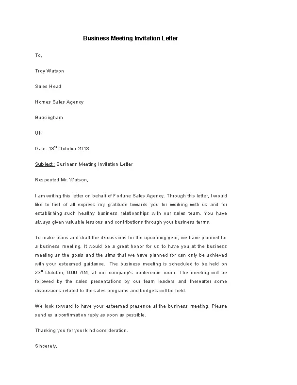 Business Meeting Invitation Letter Template