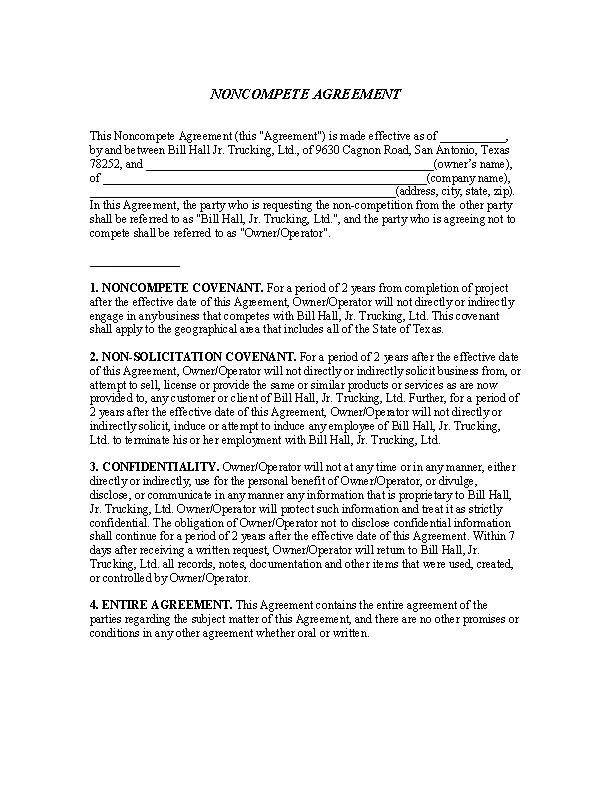Business Non Compete Agreement Form