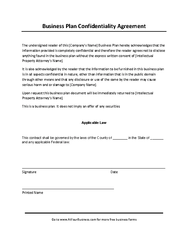 Business Plan Sample Confidentiality Agreement