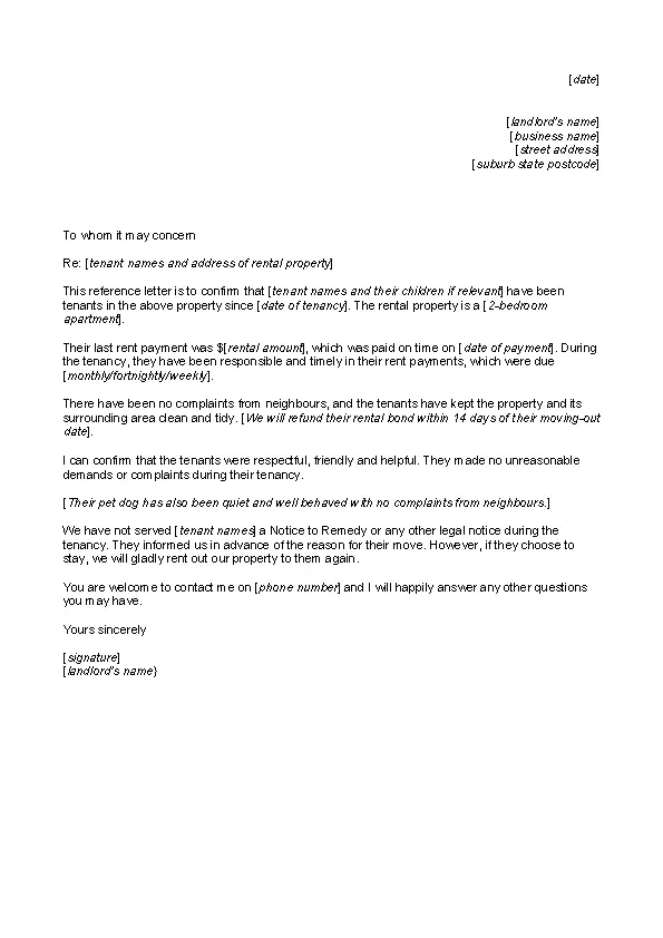 Business Reference Letter For A Rental