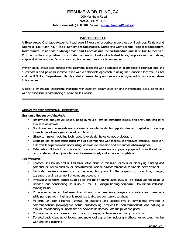 Business Tax Planning Charted Accountant Resume