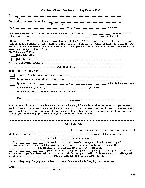California 3 Day Notice To Quit Nonpayment Of Rent Form