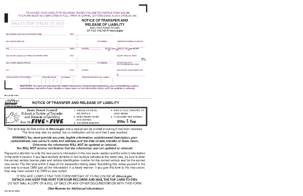 California Dmv Release Of Liability Form Reg138