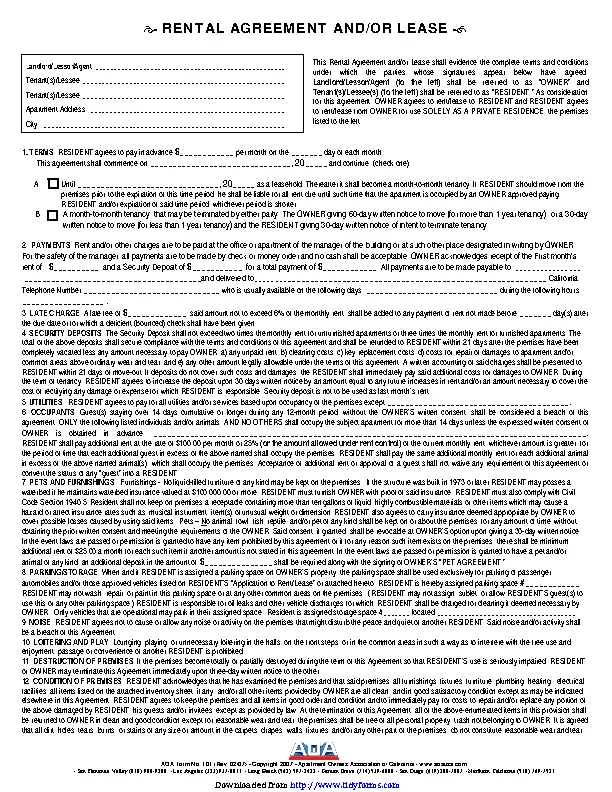 California Residential Lease Agreement 1 Year