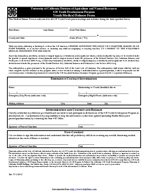 California Youth Medical Release Form