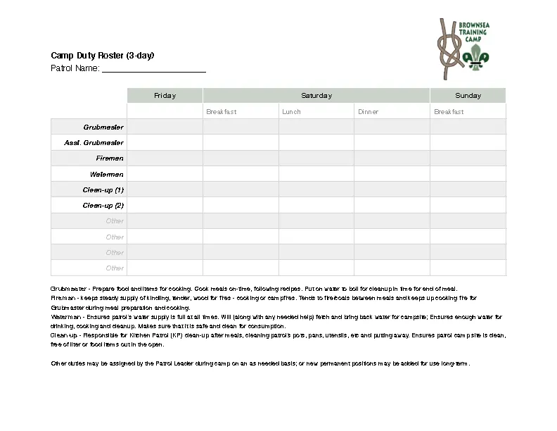 Camp Duty Roster Template