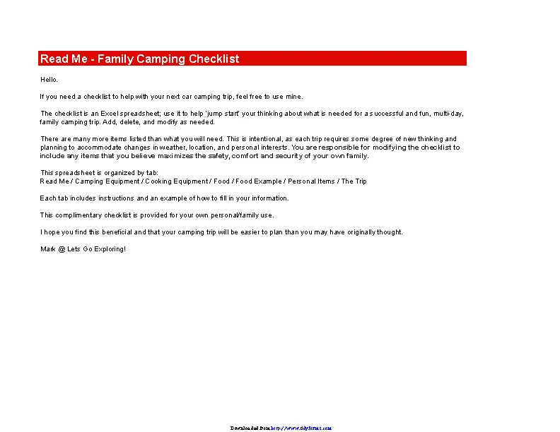 Camping Checklist Excel