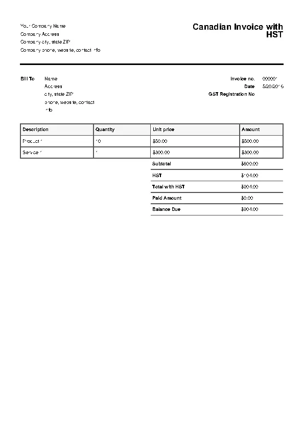 Canadian Invoice Template With Hst