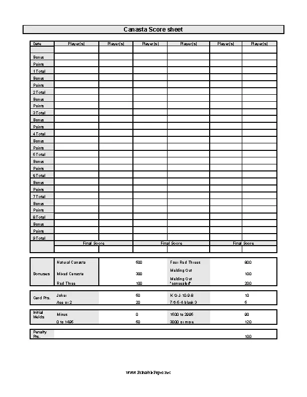 Canasta Score Sheet 1