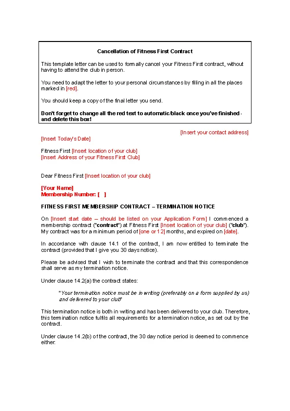 Cancel Gym Contract Template Word Doc Download