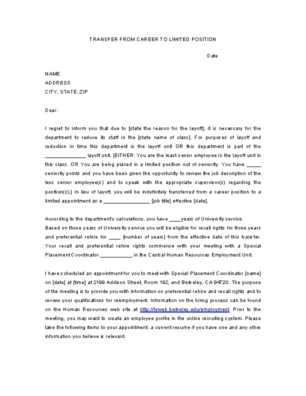 Career To Limited Position Transfer Letter Template
