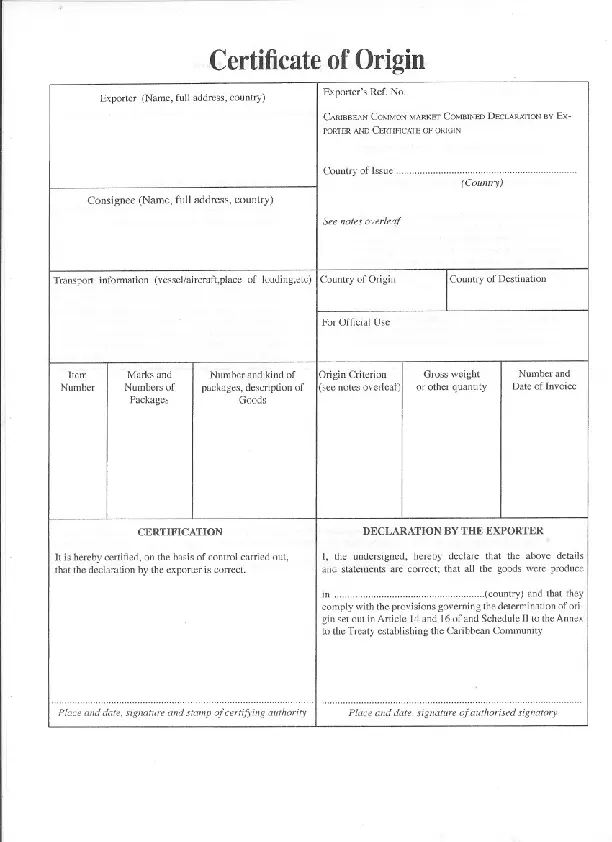 Caricom Certificate Of Origin Template