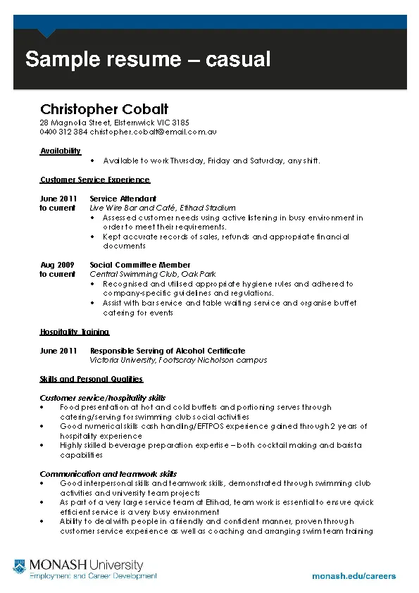 Casual Work Resume Template