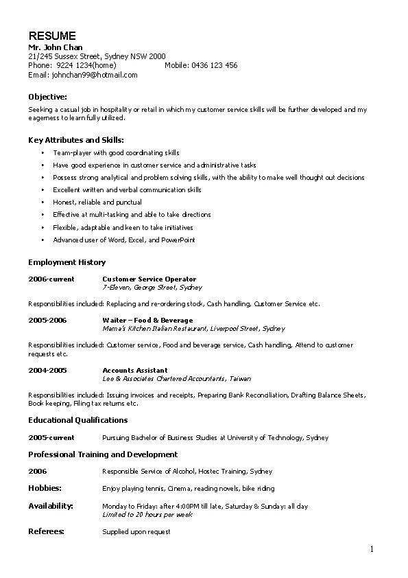 Casual Work Resume - PDFSimpli