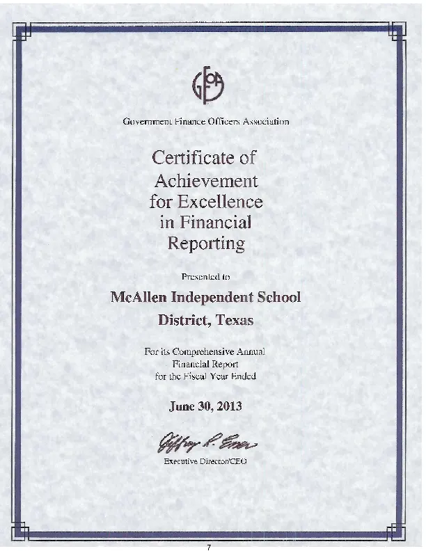Certificate Of Achievement For Excellence In Financial Reporting