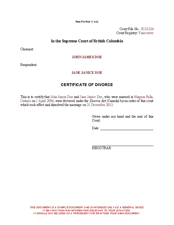 Certificate Of Divorce Template