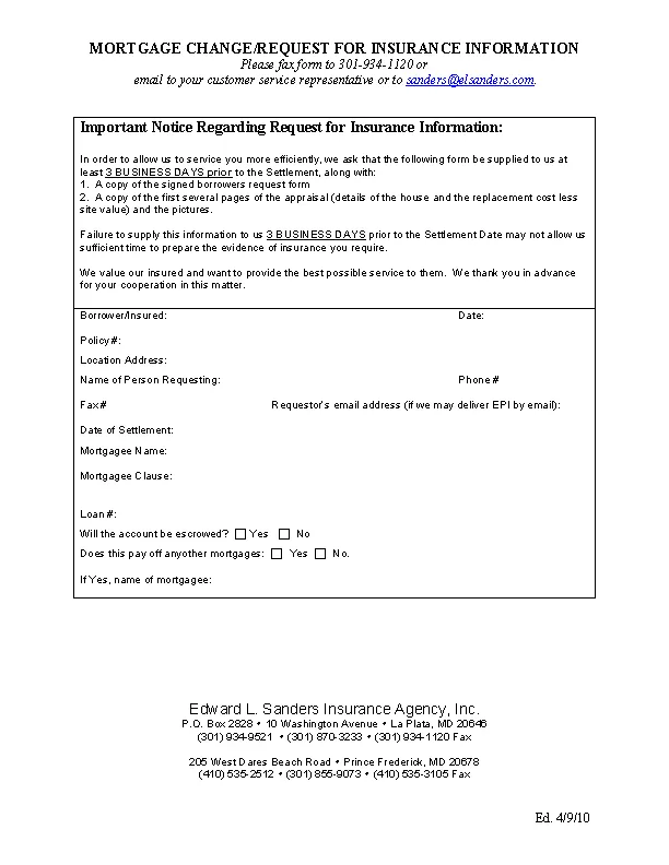 Certificate Of Insurance Request Form