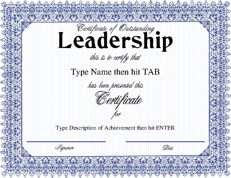 Certificate Of Outstanding Leadership With A Formal Blue Frame Design